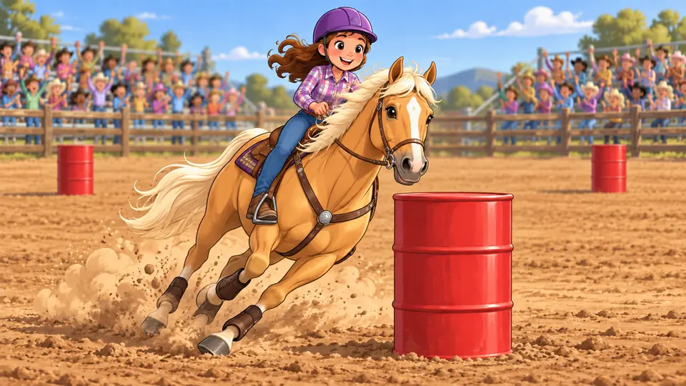 A girl in a purple riding helmet galloping a palomino horse around a red barrel at a rodeo