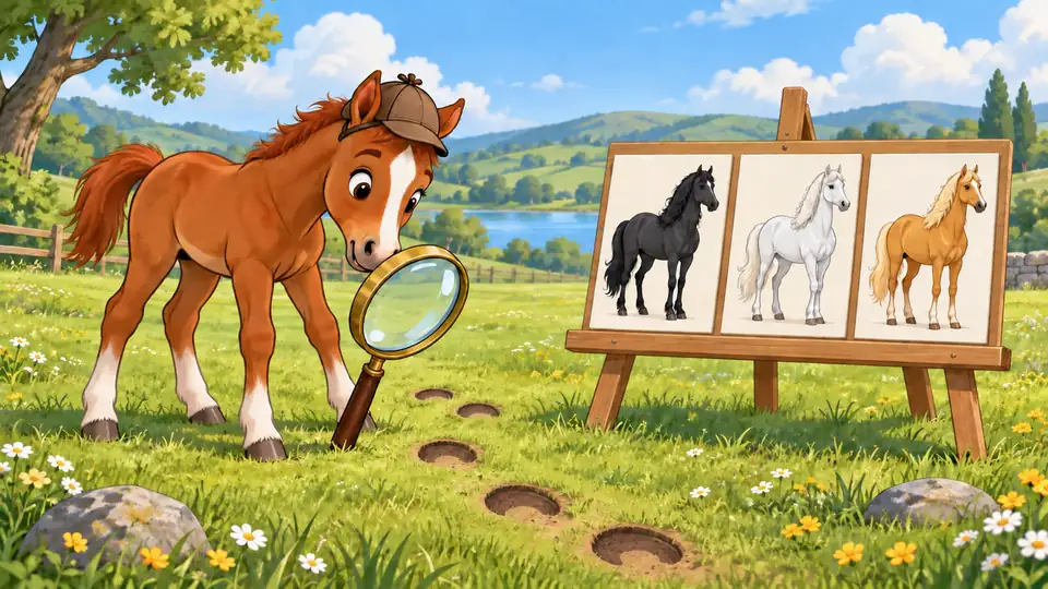 A cartoon foal in a detective cap looks at hoofprints through a magnifying glass, next to three horse picture cards