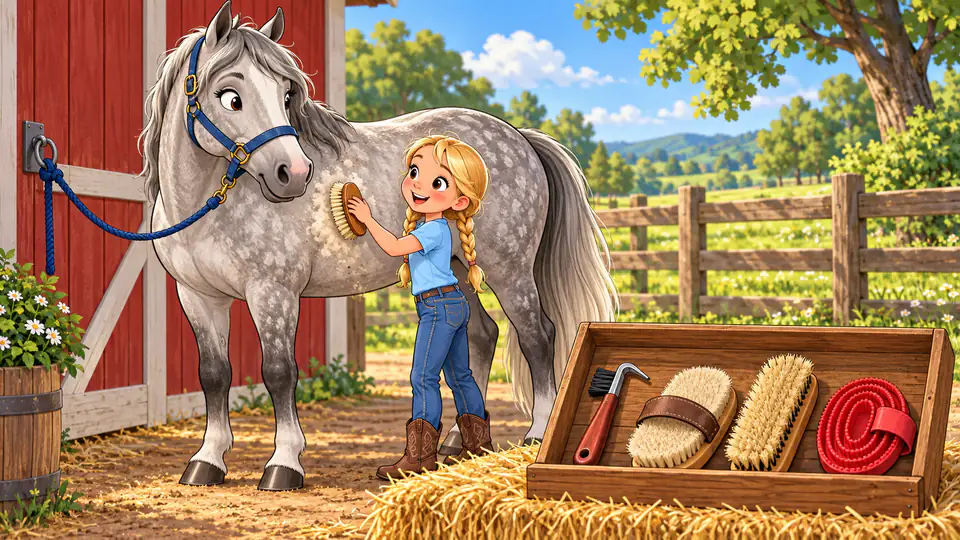 A girl brushes a gray horse beside a grooming box with a curry comb, a hard brush, a soft brush and a hoof pick