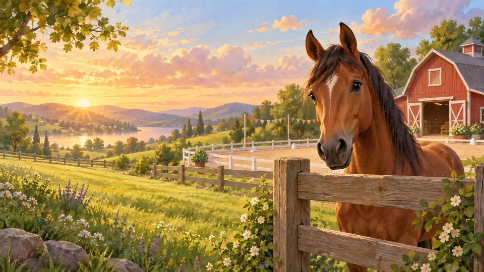 Painted ranch at sunset with a red barn, wooden fences, and rolling hills
