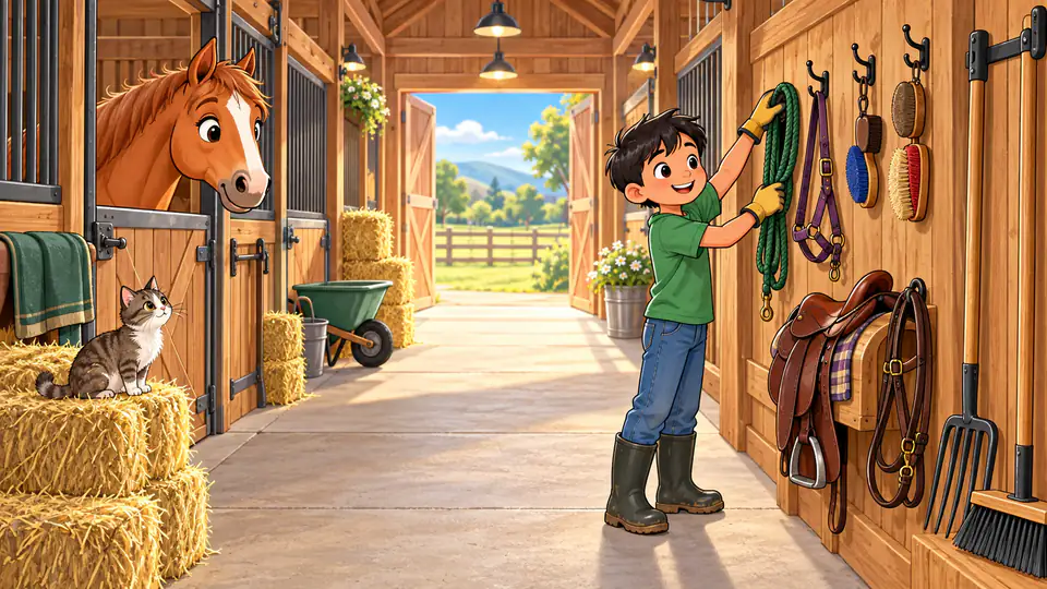 A boy hangs a lead rope on a hook in a tidy barn, with the saddle on its rack, tools on the wall and a clear walkway