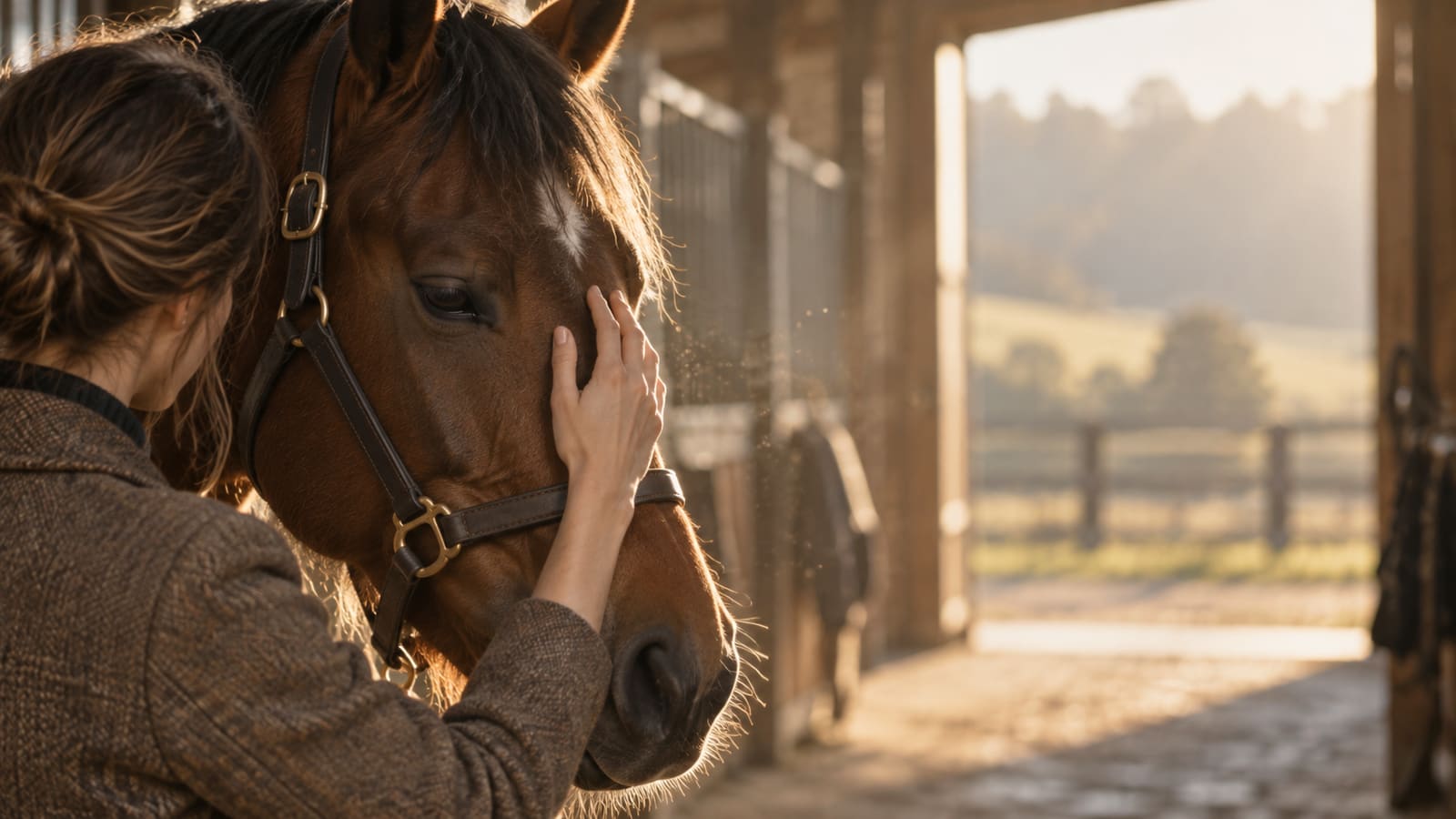 A woman in a tweed jacket, seen from behind, rests her hand on the face of a calm bay horse in a leather halter as morning sunlight streams through the open barn doors.