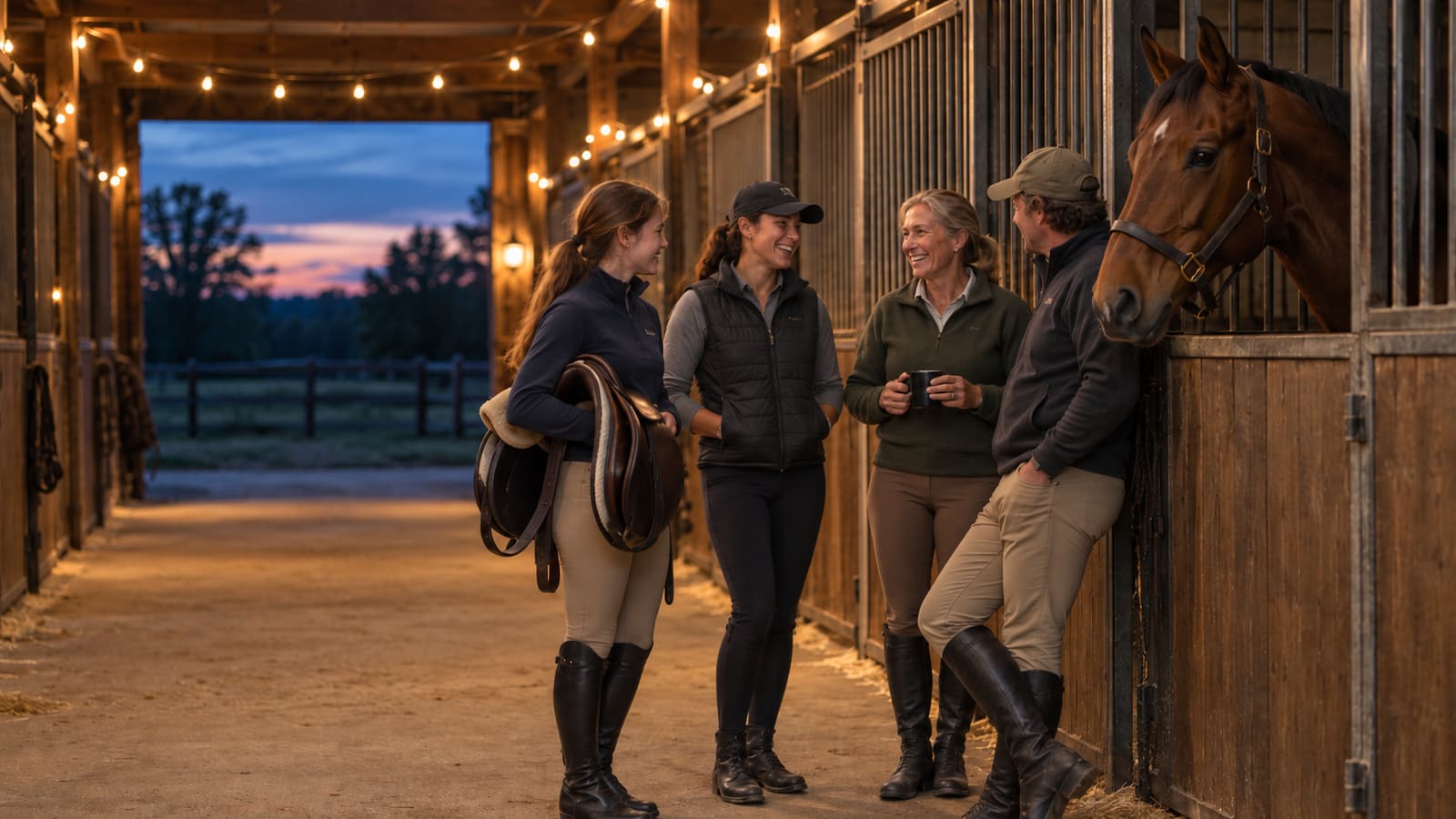 Four riders of different ages laugh together in a barn aisle lit by string lights at dusk while a bay horse looks out from its stall.