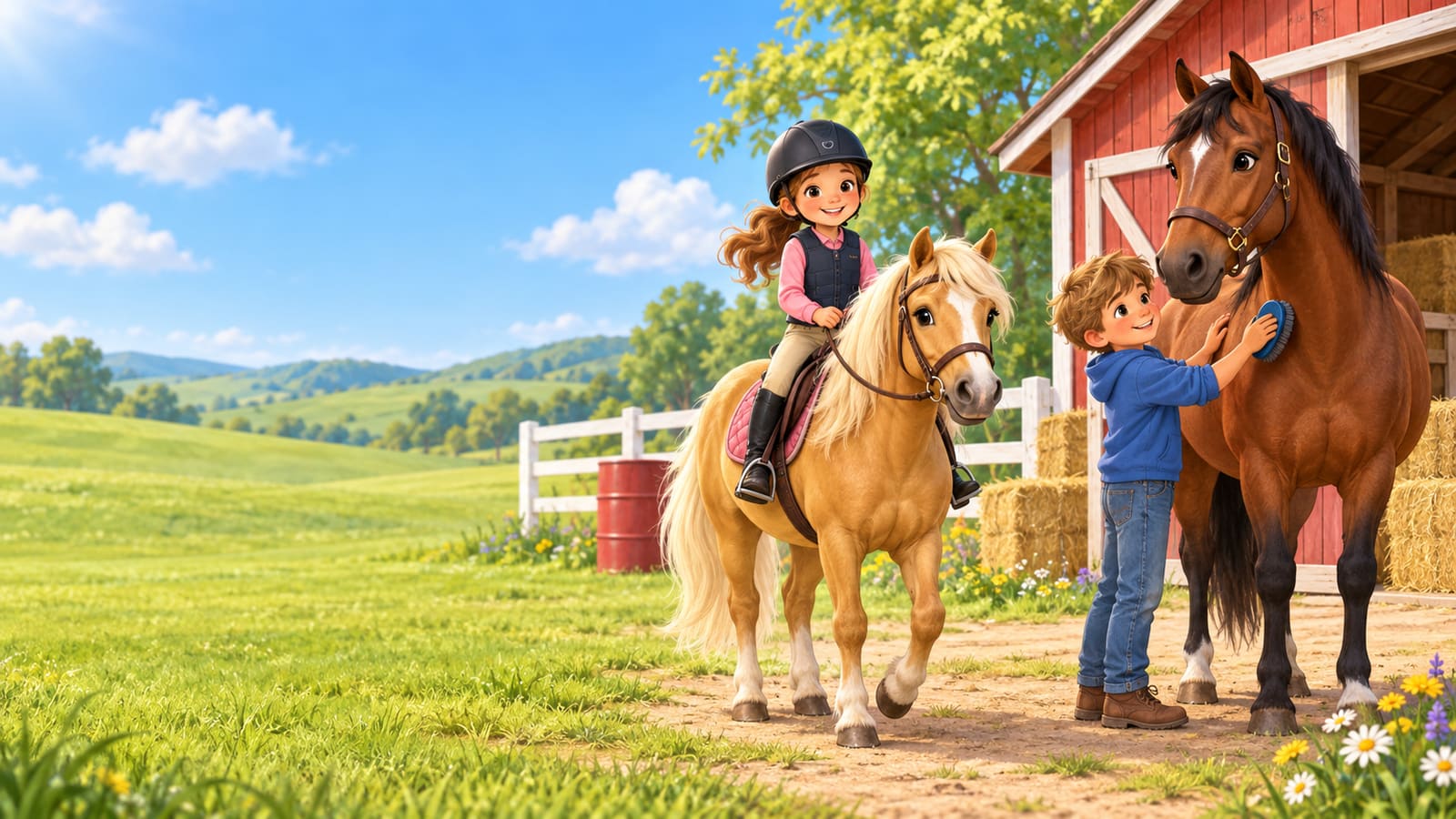 An illustrated sunny horse farm: a smiling girl in a riding helmet sits on a palomino pony while a boy brushes a friendly bay mare beside a red barn, hay bales and a white fence.