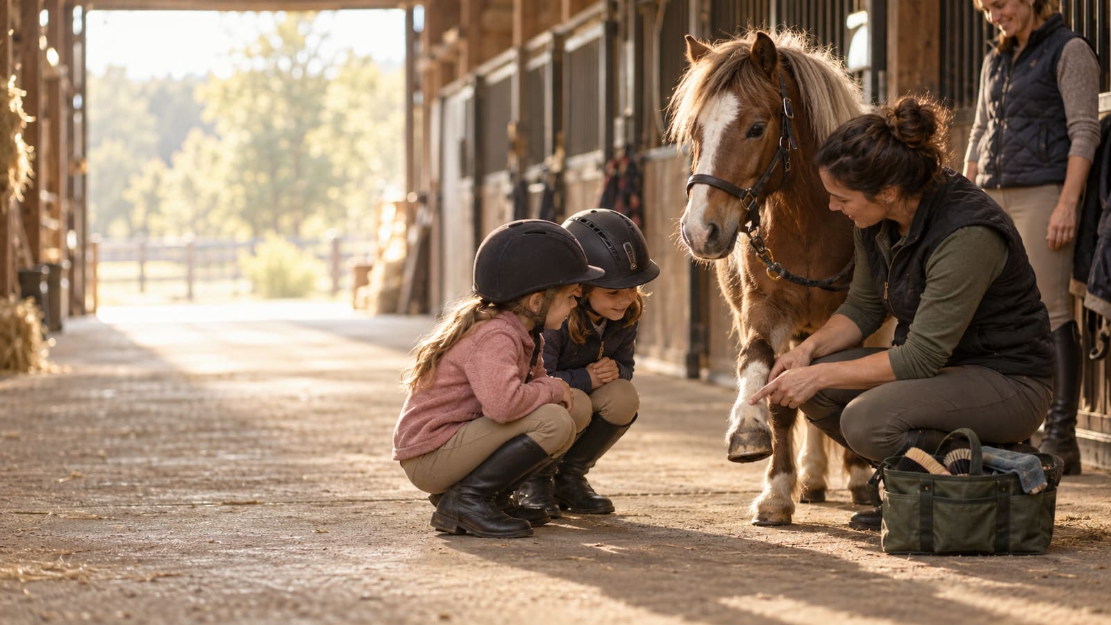 A crouching instructor points to the lifted front leg of a chestnut pony while two girls in riding helmets squat nearby to watch in a sunlit barn aisle.