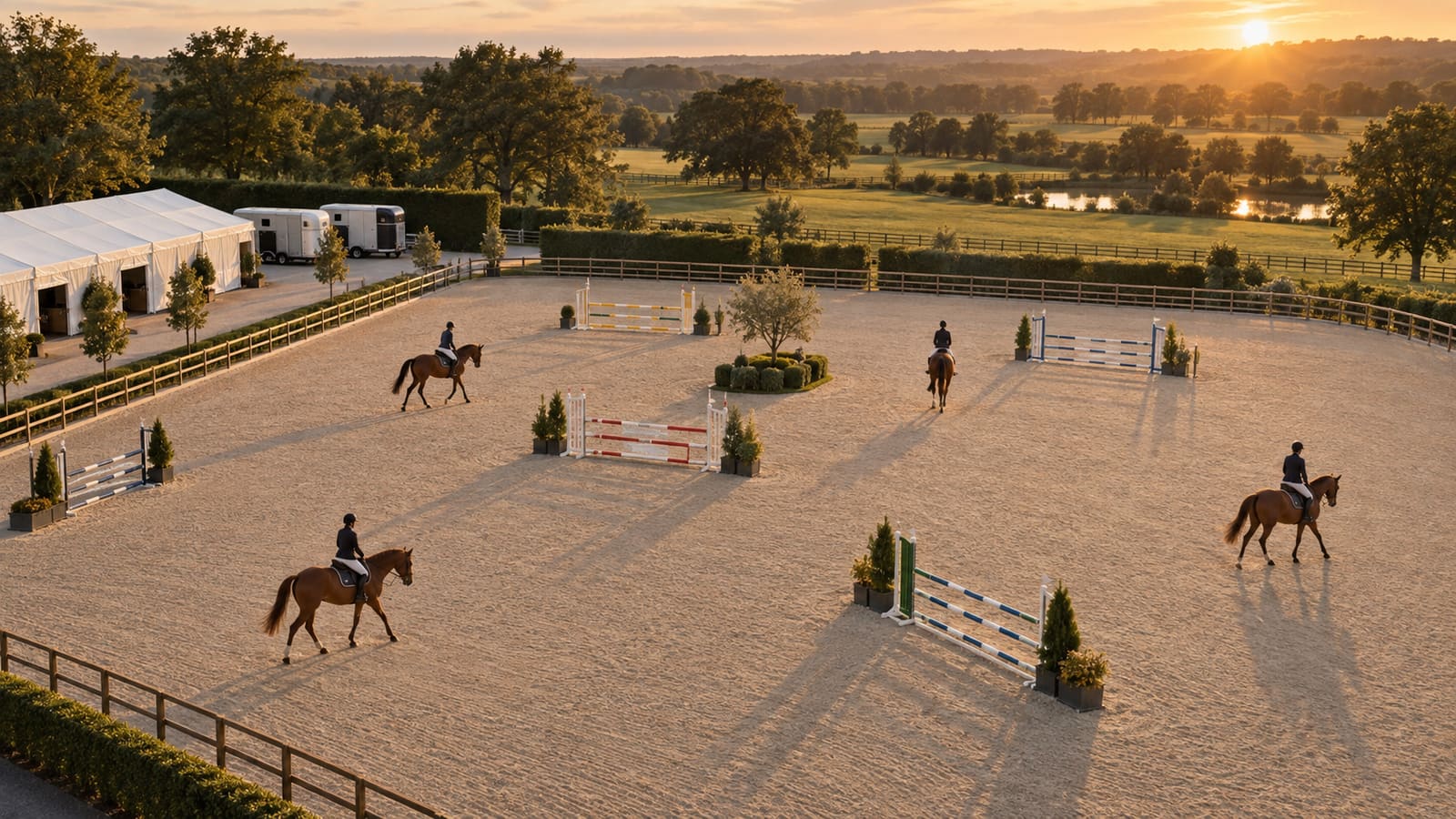 An aerial view of a show-jumping arena at golden hour with four riders warming up between colorful jumps, white stable tents and trailers along the side.