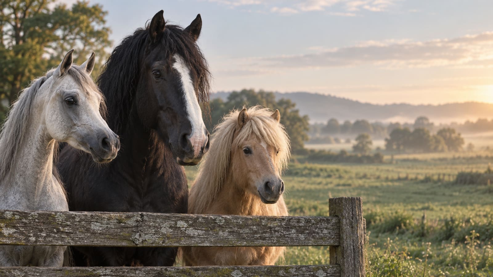 A gray Arabian, a tall black draft horse with a white blaze and a shaggy palomino pony stand side by side behind a weathered wooden fence in a misty pasture at sunrise.