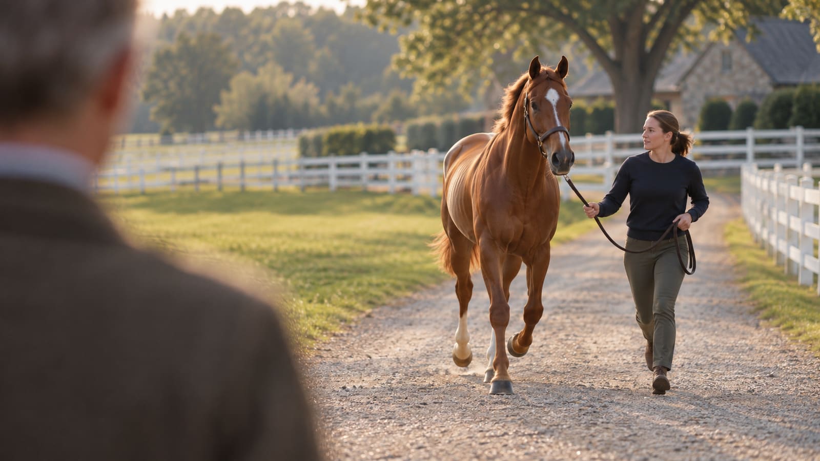 Seen over a buyer’s shoulder, a handler trots a chestnut horse in hand down a gravel farm drive between white fences.