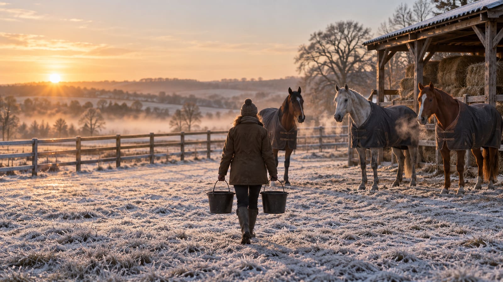 A woman in a knit hat and waxed jacket carries two buckets across a frosty paddock at sunrise toward three blanketed horses, a bay, a gray and a chestnut, standing by a hay shed.