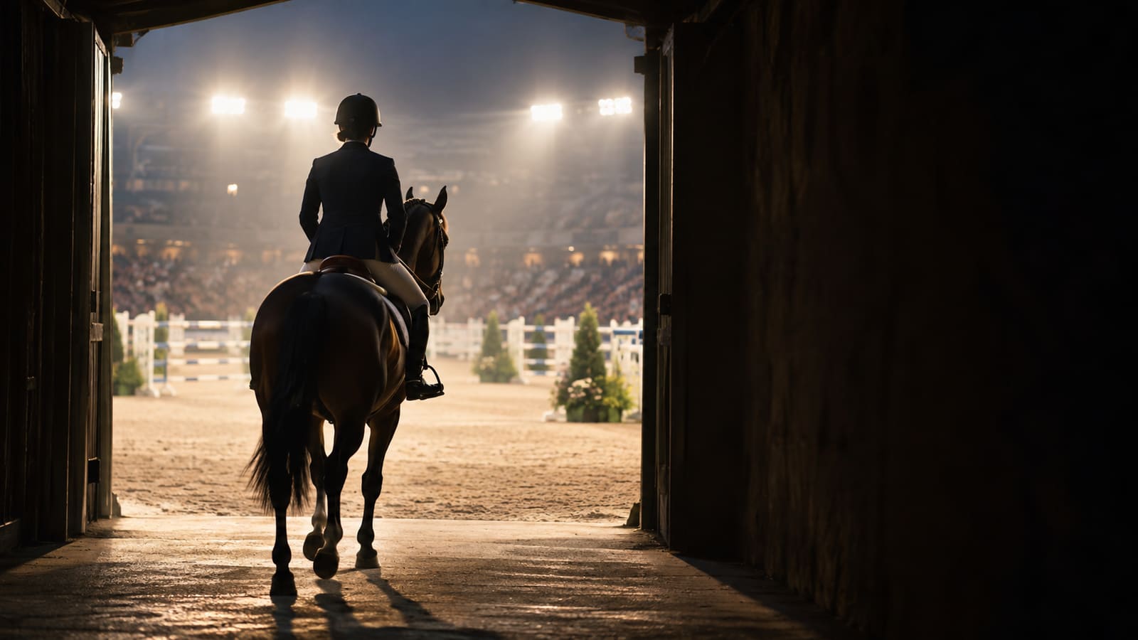 Seen from behind, a rider in a helmet and dark show jacket rides a bay horse out of a dark tunnel toward a hazy, floodlit show-jumping arena with spectators in the stands.