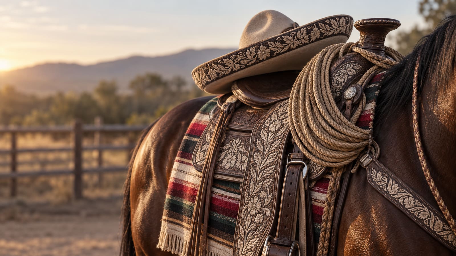 A charro saddle with piteado-embroidered leather, a coiled reata and an embroidered sombrero rests on a bay horse at sunset.