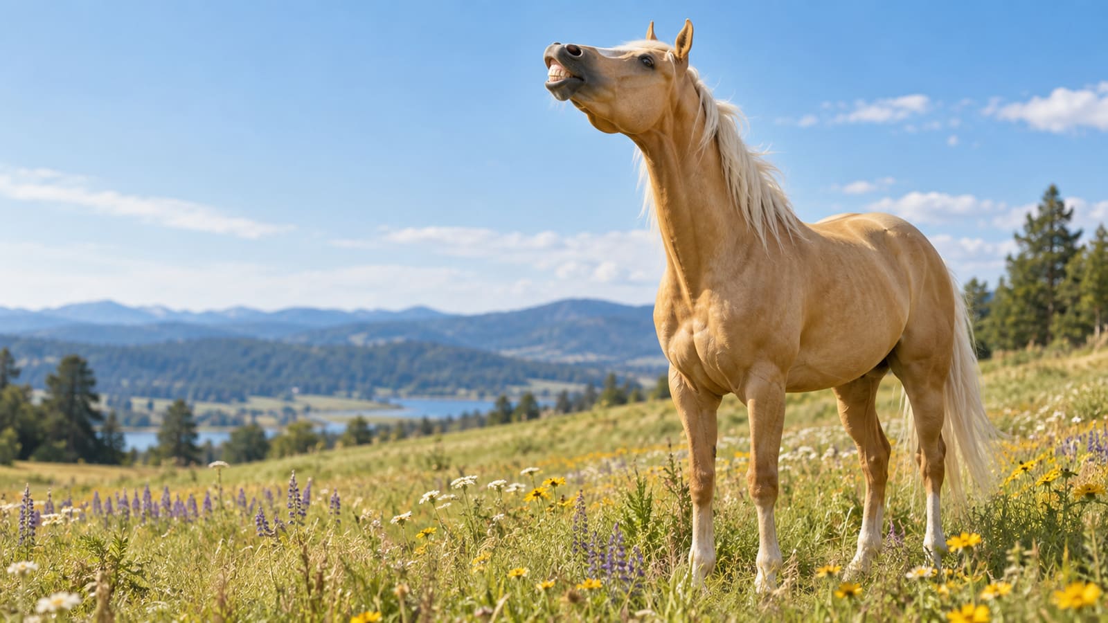 A palomino horse standing in a wildflower meadow stretches its head toward the blue sky and bares its teeth as if it were laughing.