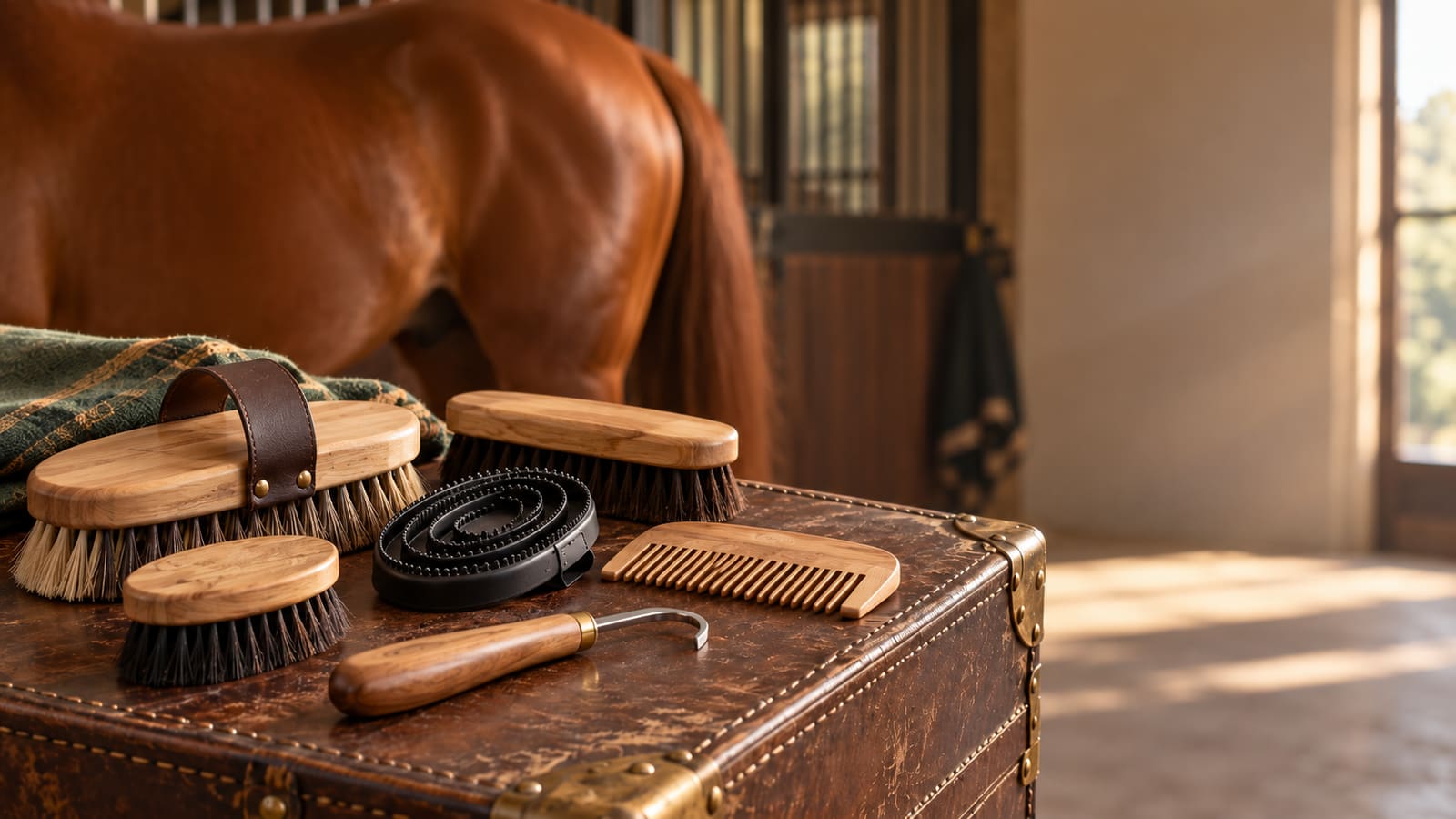 Wooden-backed brushes, a curry comb, a mane comb and a hoof pick lie on a tack trunk in front of a glossy chestnut horse.