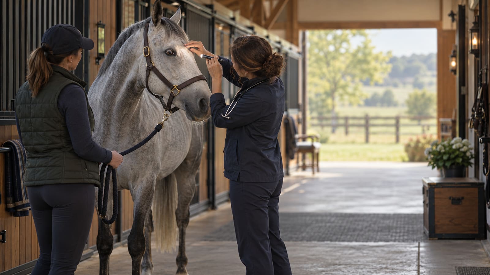 A veterinarian with a stethoscope shines a penlight toward a dappled gray horse's eye in a sunlit barn aisle while the owner holds the lead rope.