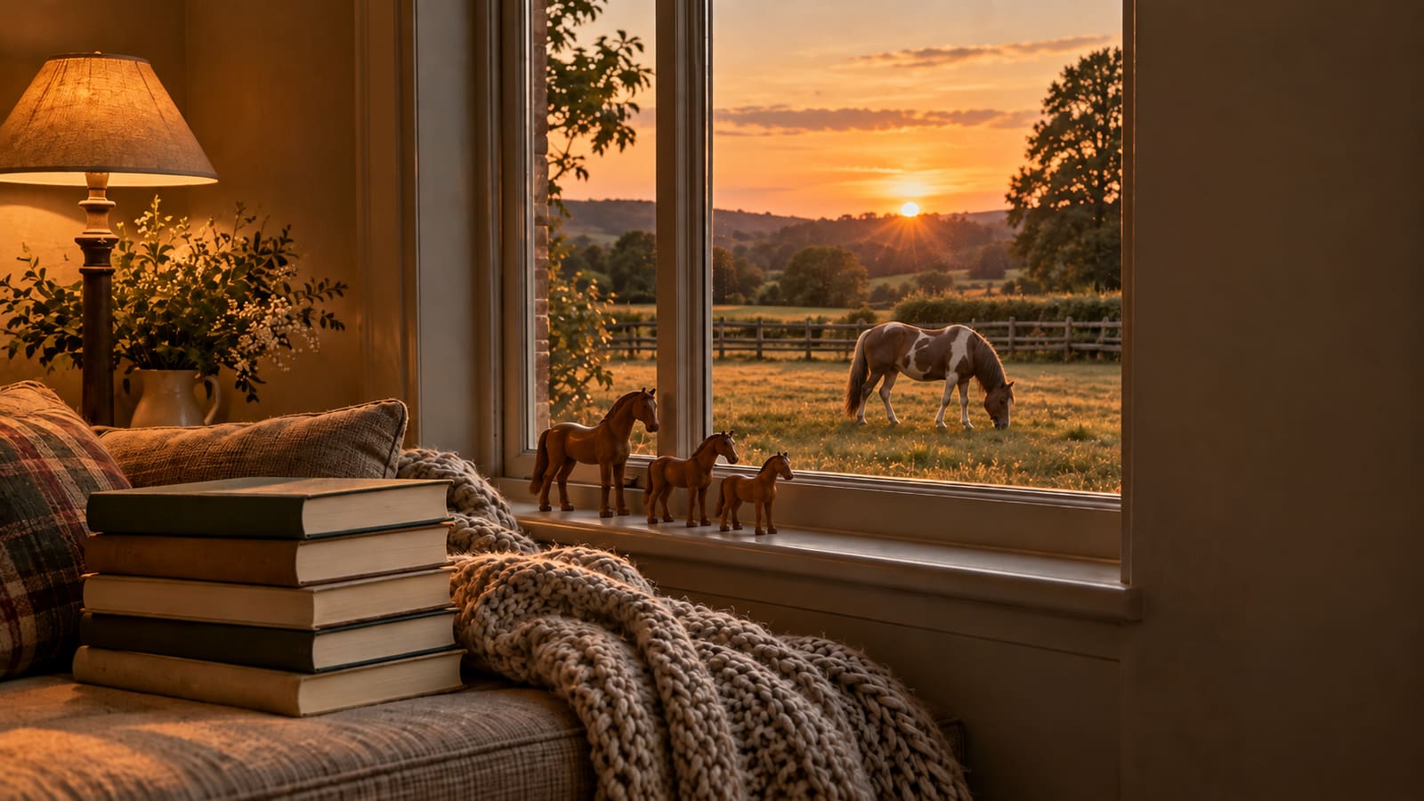 A cozy window nook holds a stack of horse books and model horses on the sill, with a real pony grazing in a golden paddock outside.