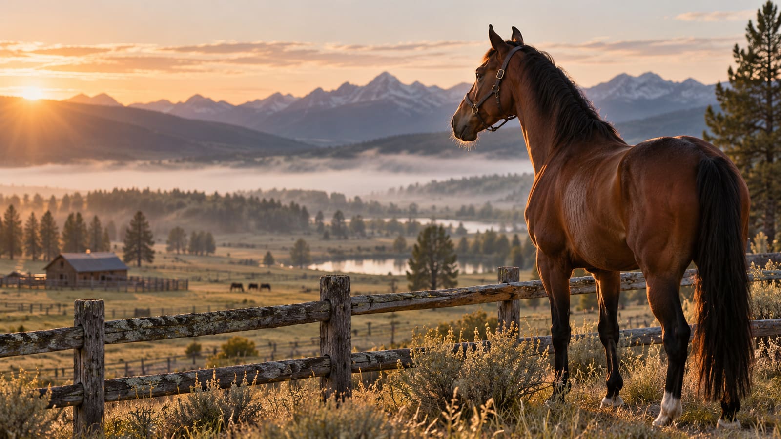 A bay horse in a halter stands at a weathered fence, looking out over a misty mountain ranch valley at sunrise.