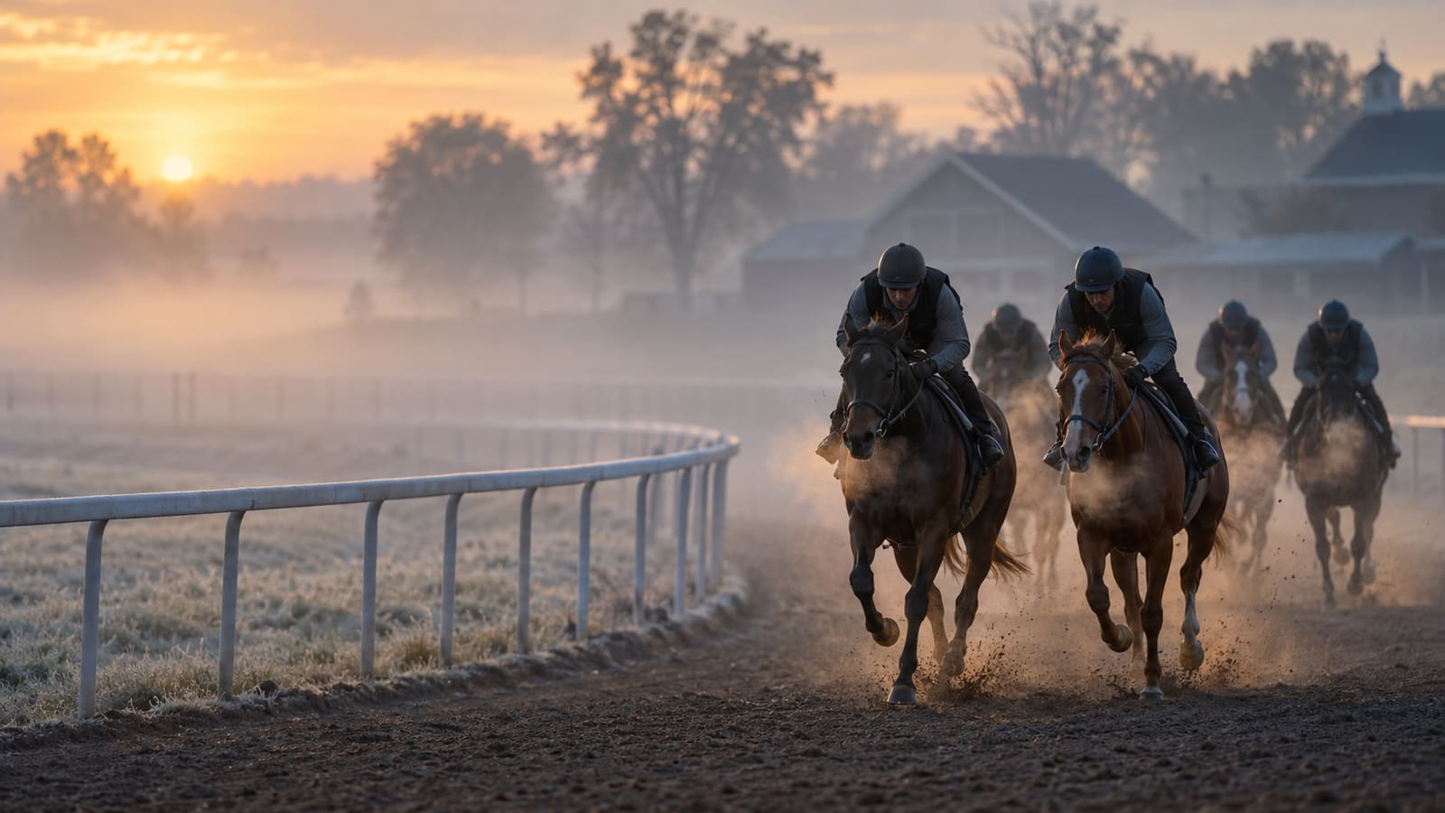 Racehorses gallop in pairs on a misty dirt training track at dawn, with exercise riders crouched low beside a white rail.