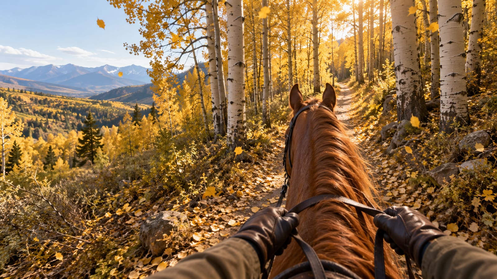 A rider's view between a chestnut horse's ears looks down a winding trail through a golden aspen forest.