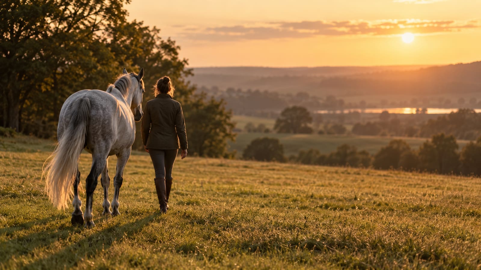 A gray horse without a halter walks at liberty beside a trainer across an open field at golden hour.