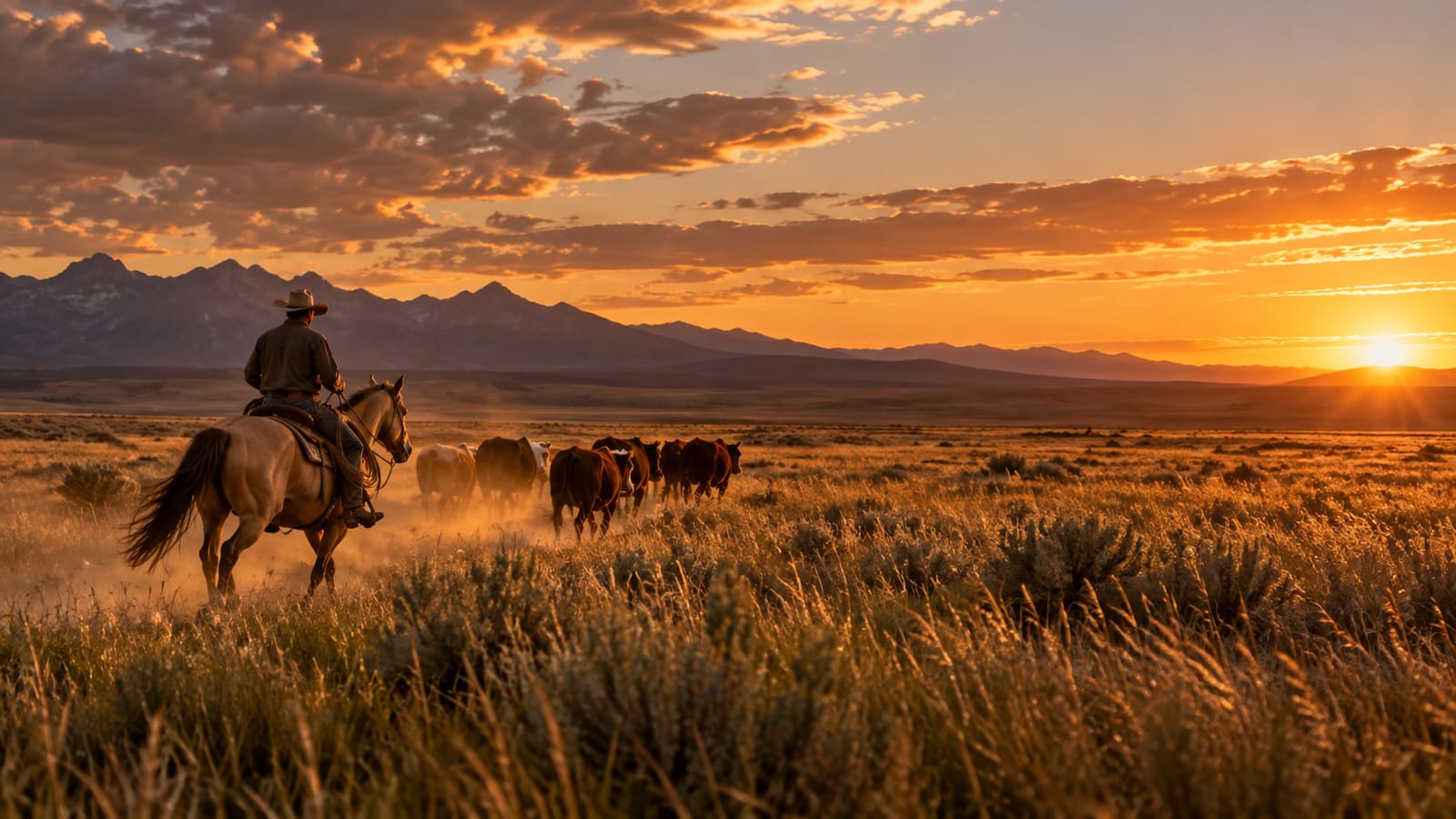 A cowboy on a buckskin horse lopes through tall grass behind a small herd of cattle under a huge sunset sky.