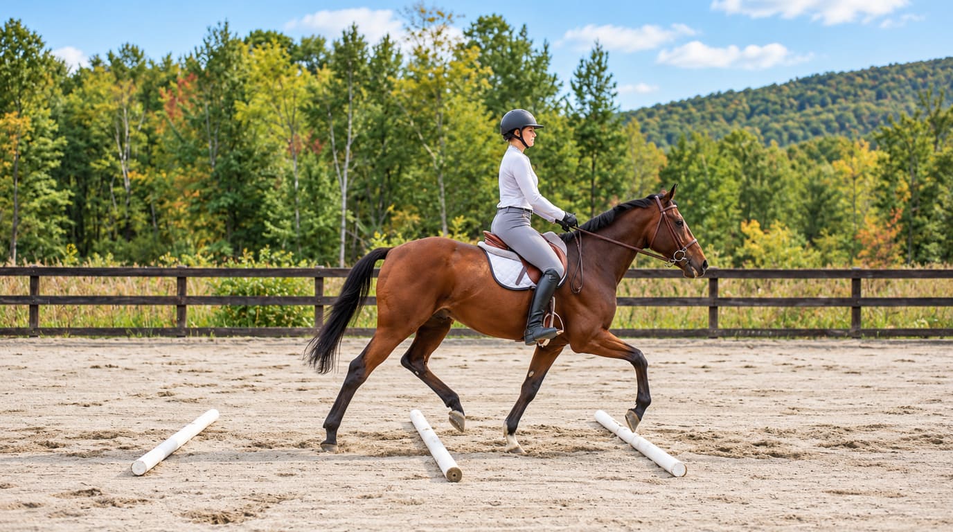 A rider in a white shirt and helmet trots a bay horse over white ground poles in a sandy outdoor arena ringed by trees.