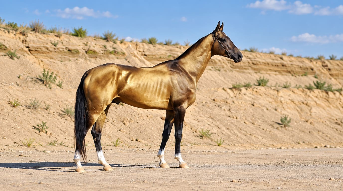 A golden buckskin Akhal-Teke stallion with a metallic sheen, black legs and white socks stands in profile on a sandy hillside under a blue sky.