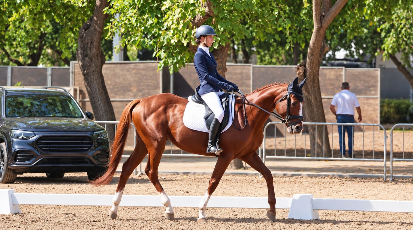 A rider in a navy jacket and helmet guides a chestnut horse at a trot across a sandy dressage arena beneath shady trees on a sunny day.