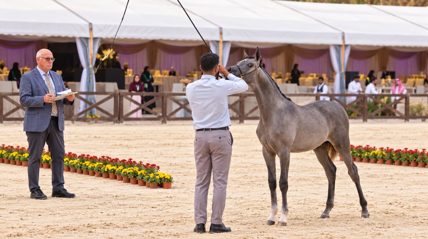 A handler in a white shirt stands a grey Arabian foal on a sand arena while a judge with a clipboard watches, in front of a white show tent.