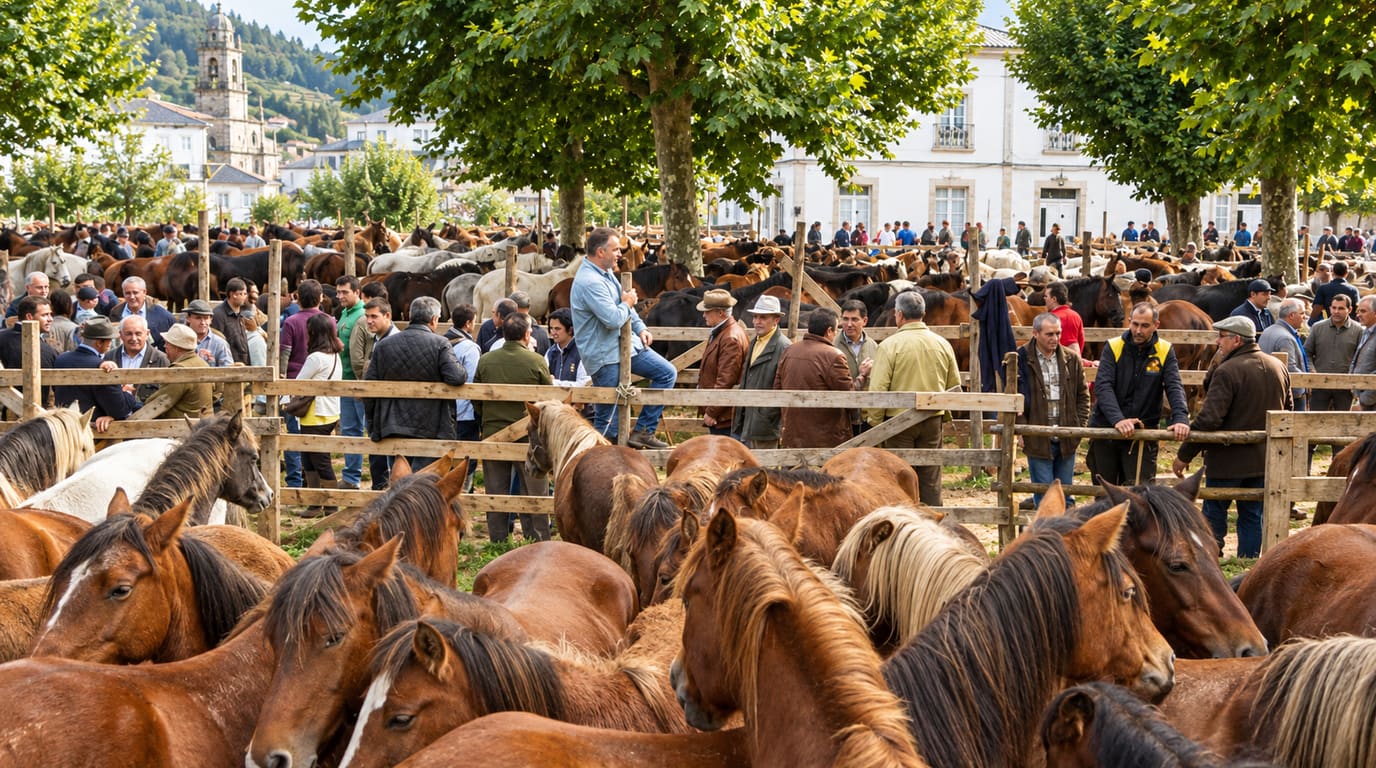 Caballos castaños y alazanes llenan un corral en una feria equina gallega mientras tratantes se apoyan en la cerca de madera bajo plátanos, con una torre de piedra al fondo.