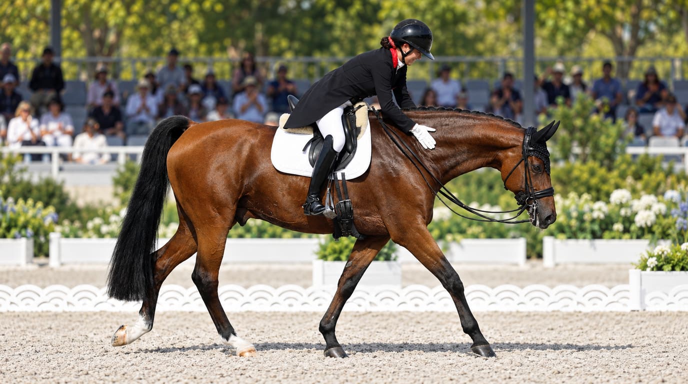 Una jinete de adiestramiento con frac negro se inclina para acariciar el cuello de su caballo bayo mientras camina por una pista de arena ante el público.