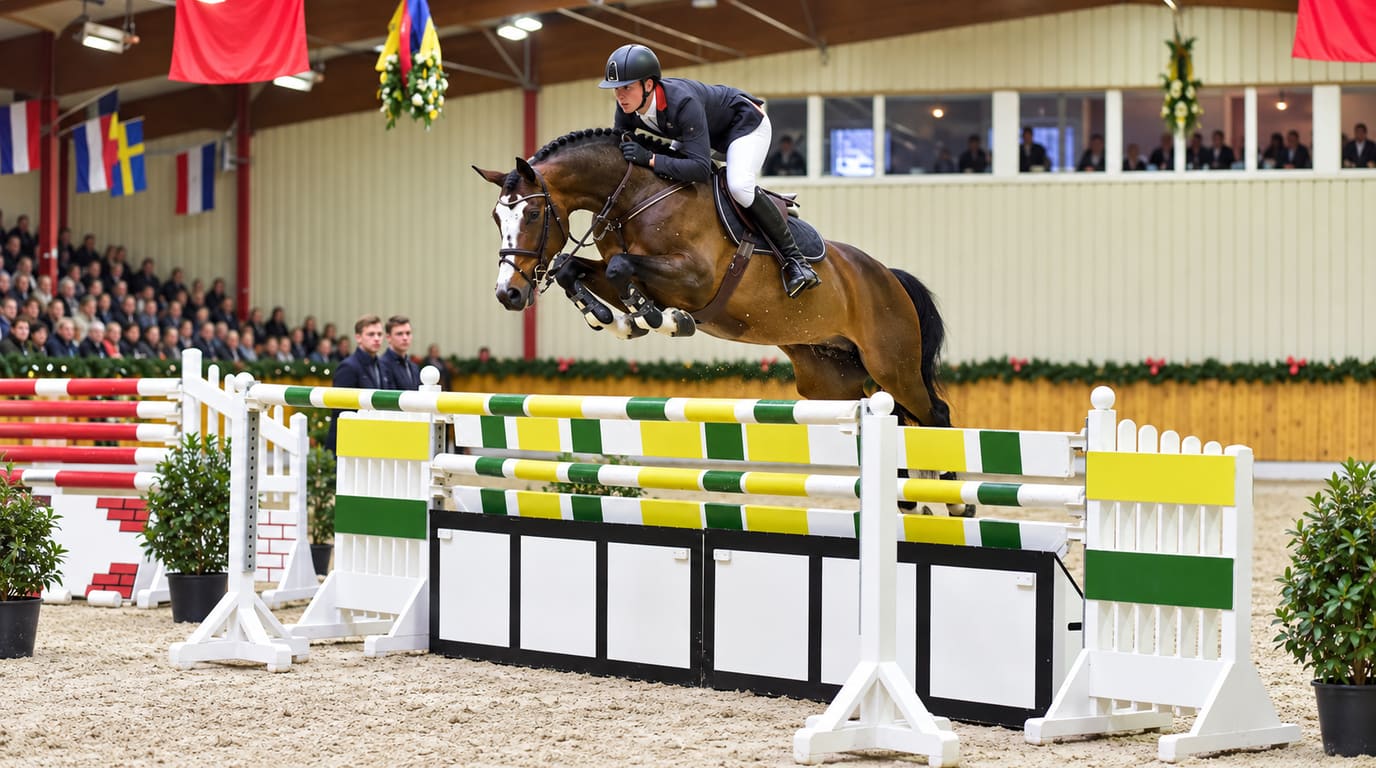 Un caballo de salto castaño con lucero blanco supera un oxer verde, amarillo y blanco en una pista cubierta mientras el jinete se inclina y el público observa.