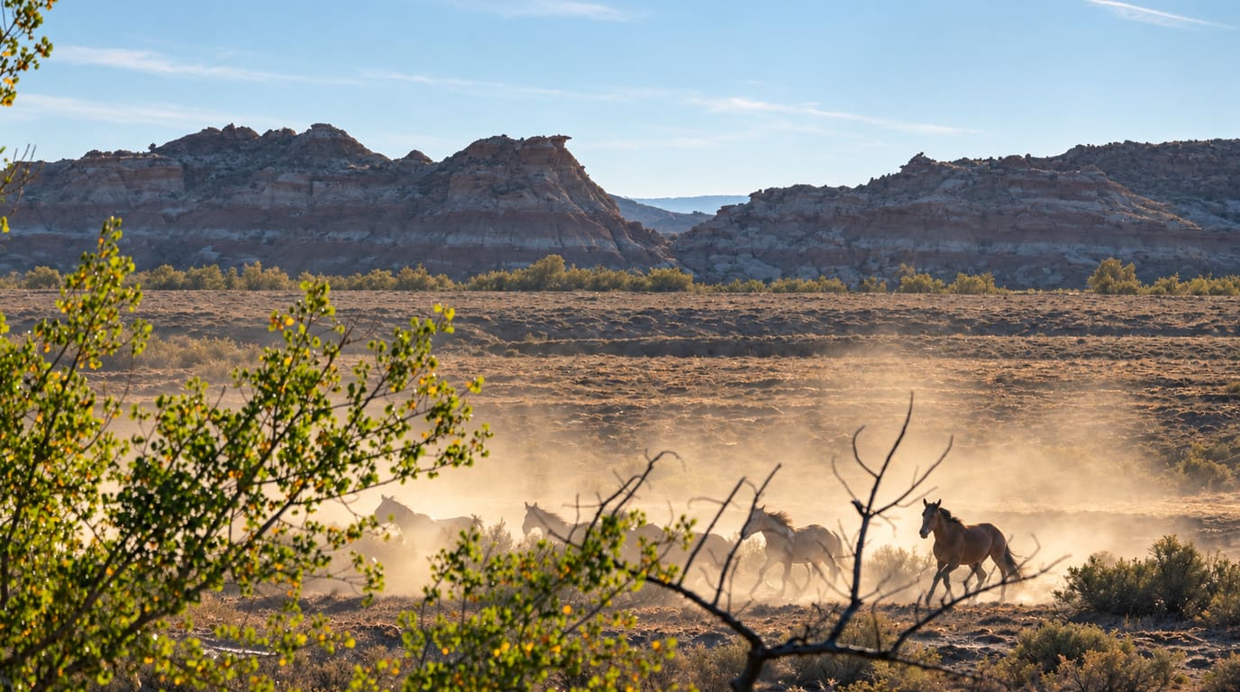 Wild horses gallop through golden dust across sagebrush flats below layered badland buttes, framed by a leafy shrub and bare branches.