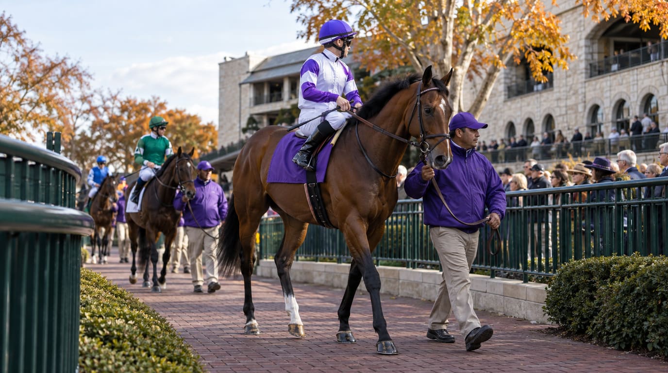 A groom in purple leads a bay Thoroughbred and jockey in purple silks along a brick walkway past fans, autumn trees and a stone grandstand.