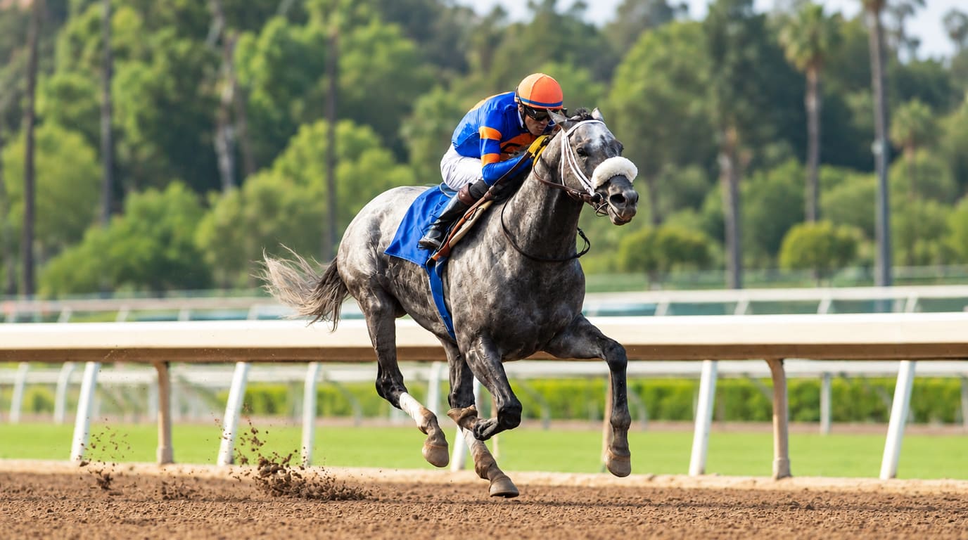 A dapple-gray thoroughbred wearing a white noseband gallops down a dirt track, ridden by a jockey in blue silks and an orange helmet.
