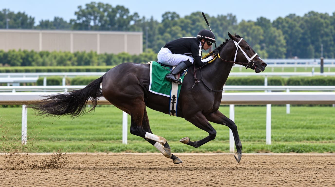 A dark bay filly with a jockey in black silks and a green saddlecloth gallops at full stride down a dirt track beside a white rail.