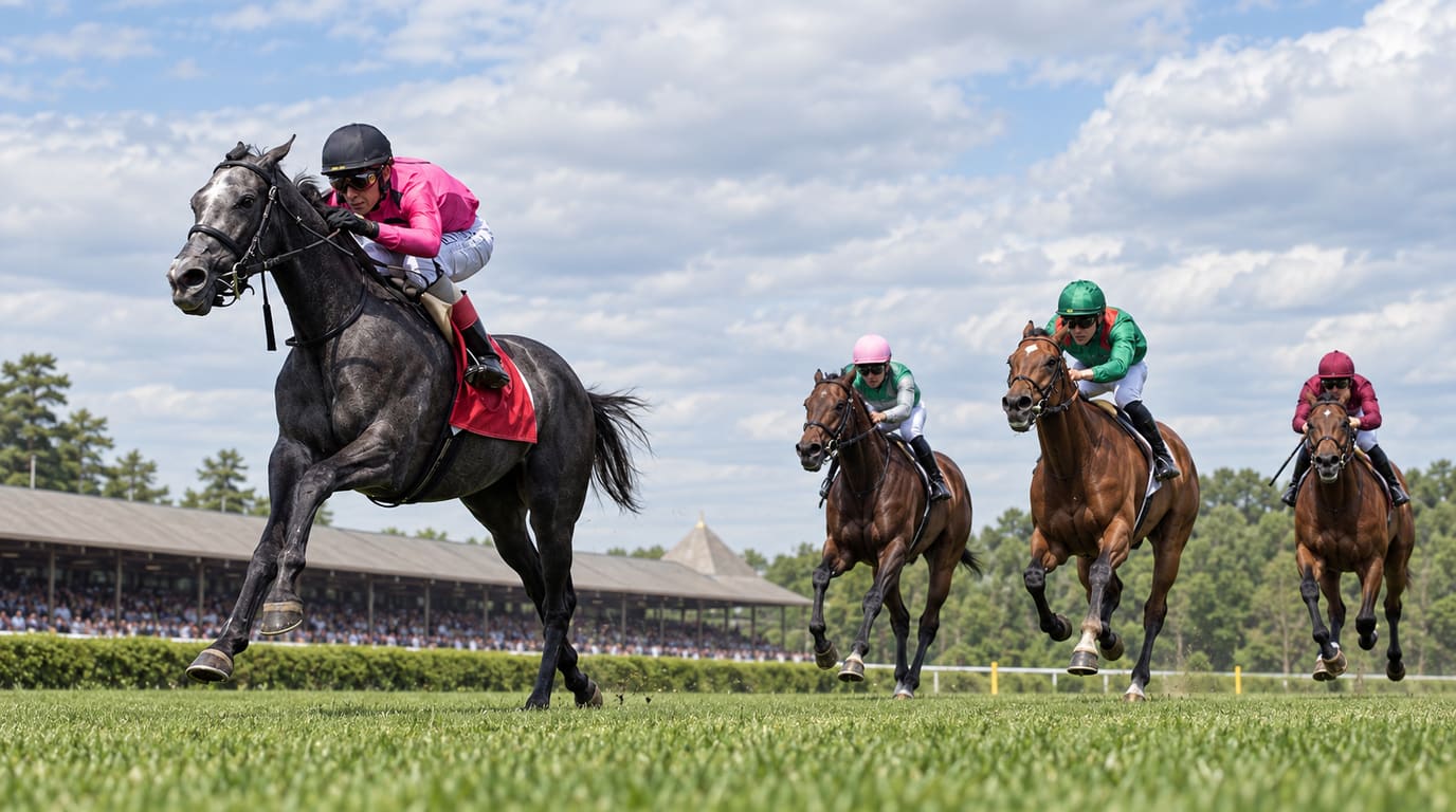 A jockey in pink silks rides a grey filly well clear of three rivals on a grass course, with a covered grandstand and trees behind.