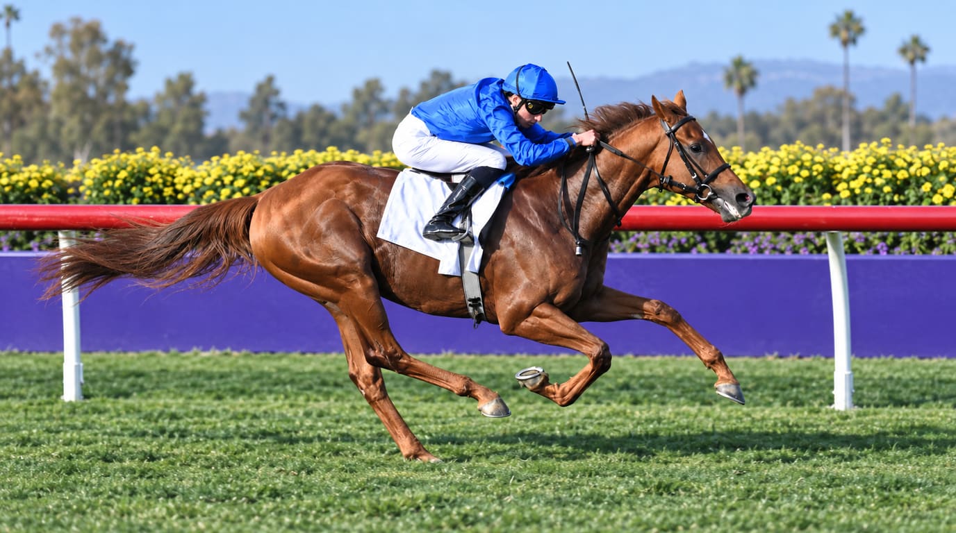 A chestnut racehorse gallops on turf with a jockey in royal blue silks, passing a red rail, yellow flowers and palm trees under a clear sky.