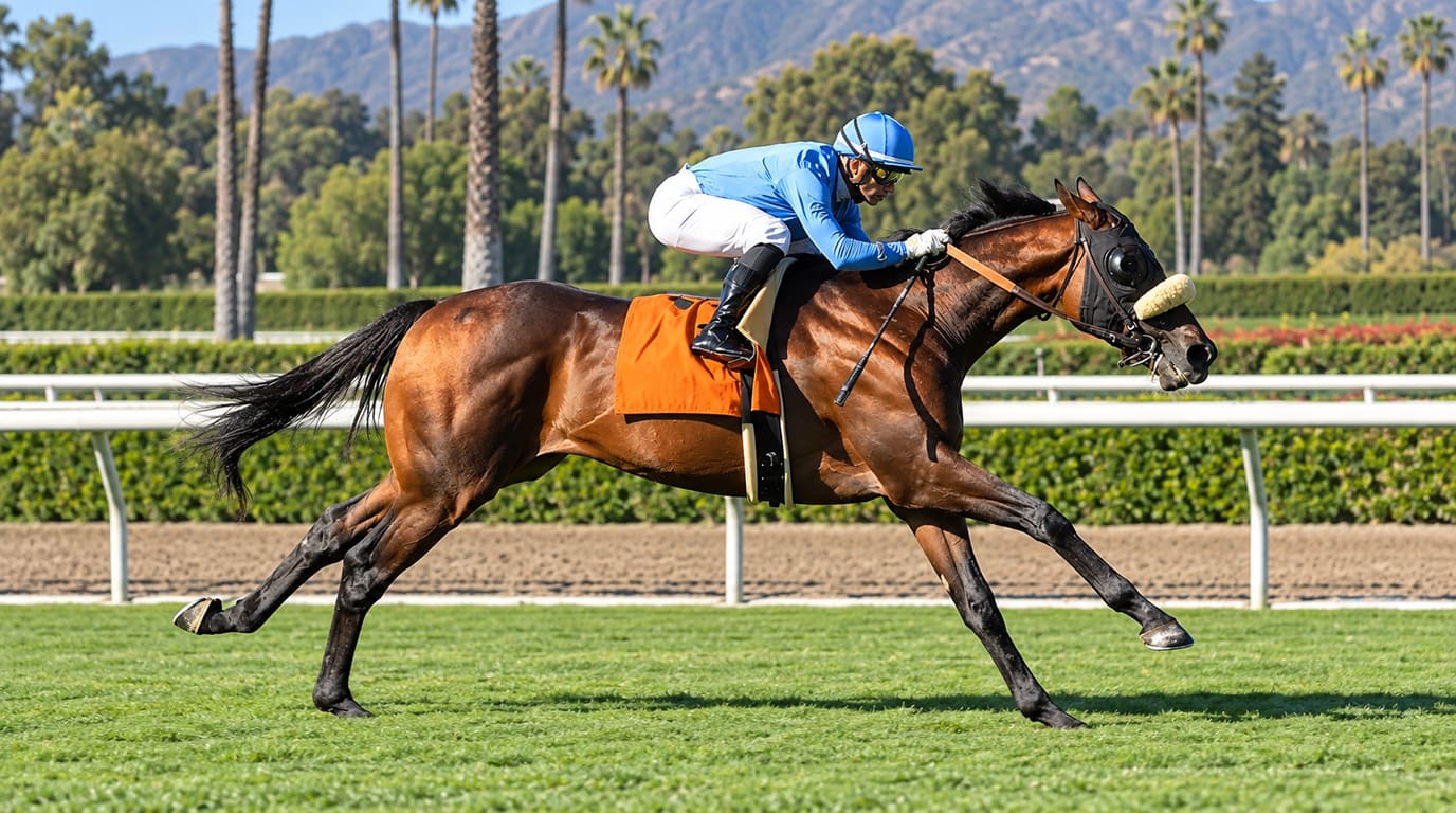 Jockey in light blue silks rides a bay racehorse in blinkers and a sheepskin noseband at full gallop on a turf course lined with palm trees.