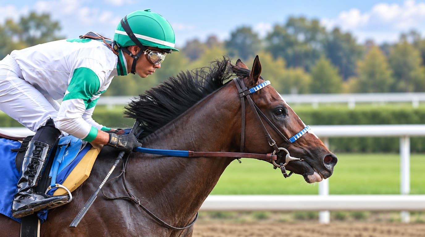 Jockey in a green helmet and white silks with green sleeves crouches over a straining bay racehorse along the white rail of a dirt track.
