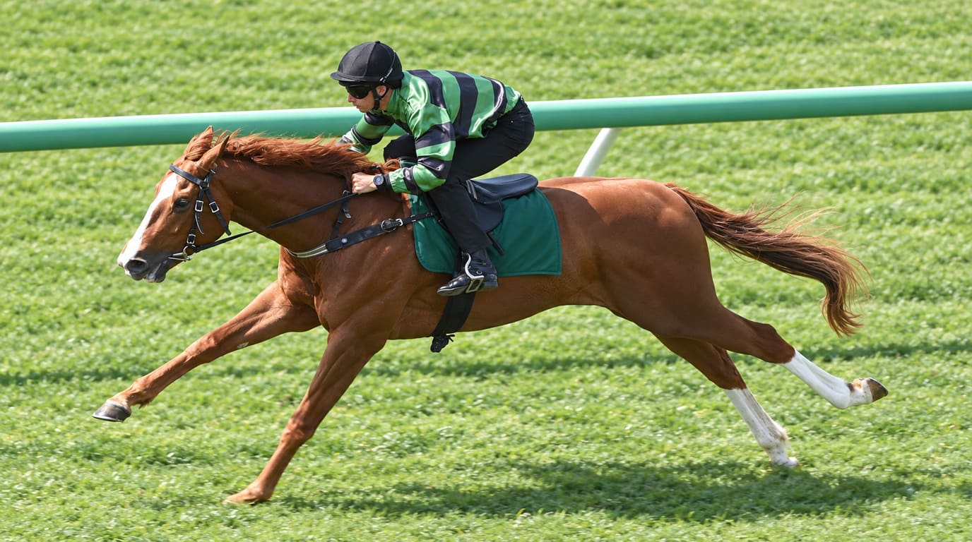 A chestnut two-year-old with a white blaze gallops flat out on green turf, ridden by a jockey in green and black silks beside a green rail.