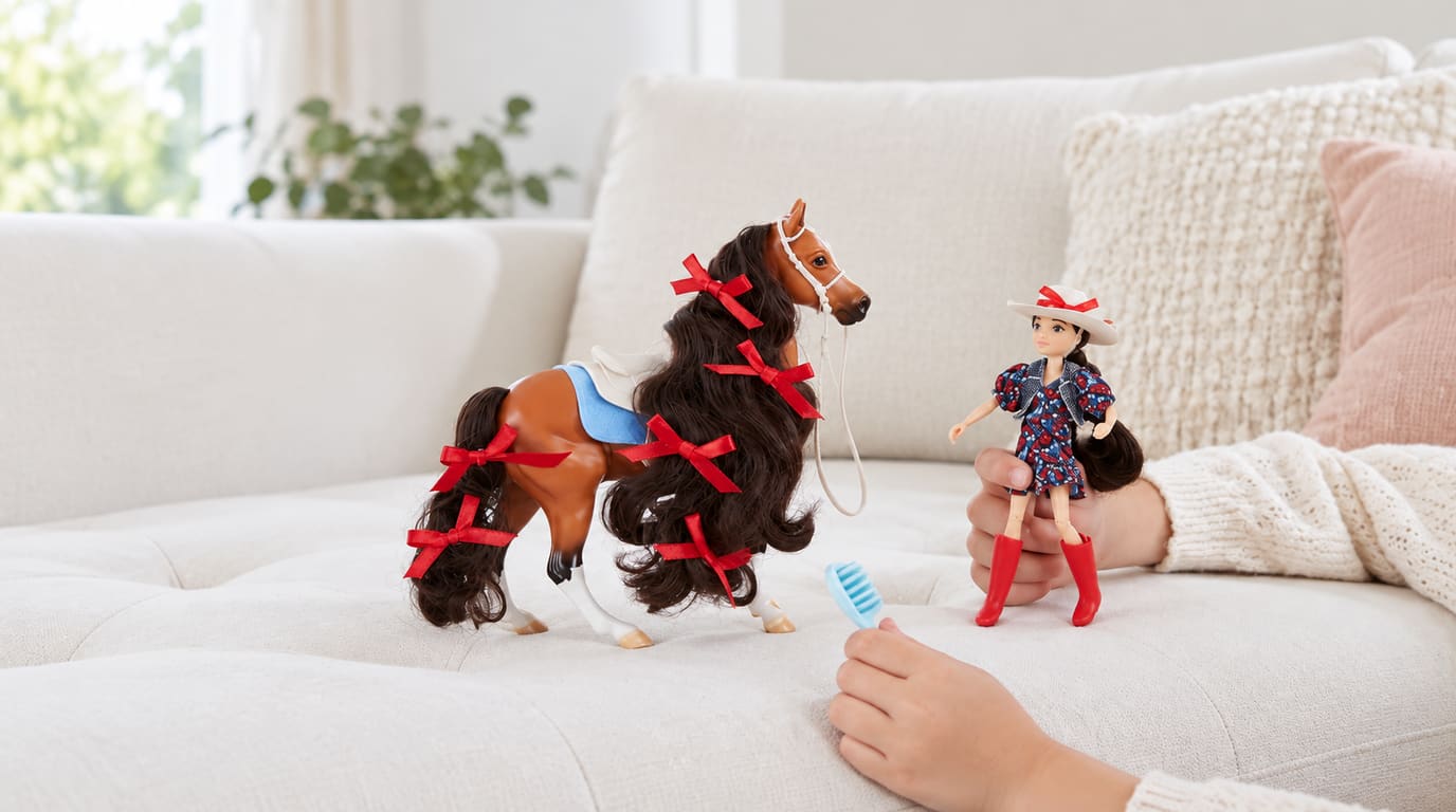 A child's hands play with a bay toy model horse decorated with red bows and a small cowgirl doll on a white sofa.