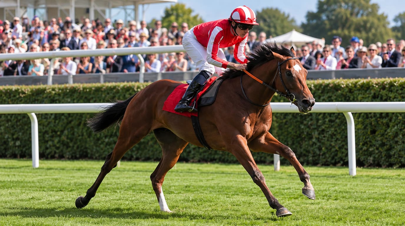 A jockey in red and white silks gallops a bay racehorse along a grass track as a large crowd watches from behind the white rail.