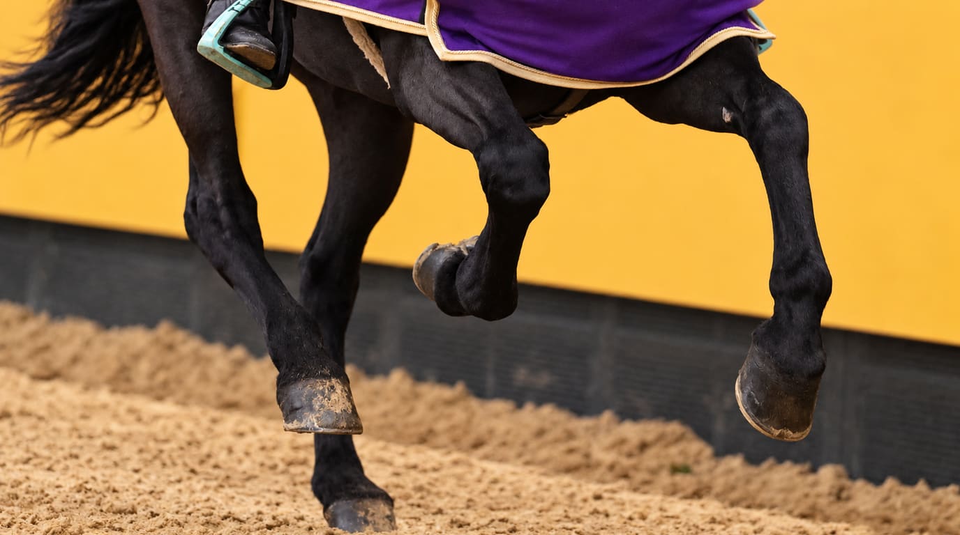 Primer plano de las patas de un poni negro trotando sobre la arena de una pista con manta morada, la bota del jinete en el estribo y una pared amarilla detrás