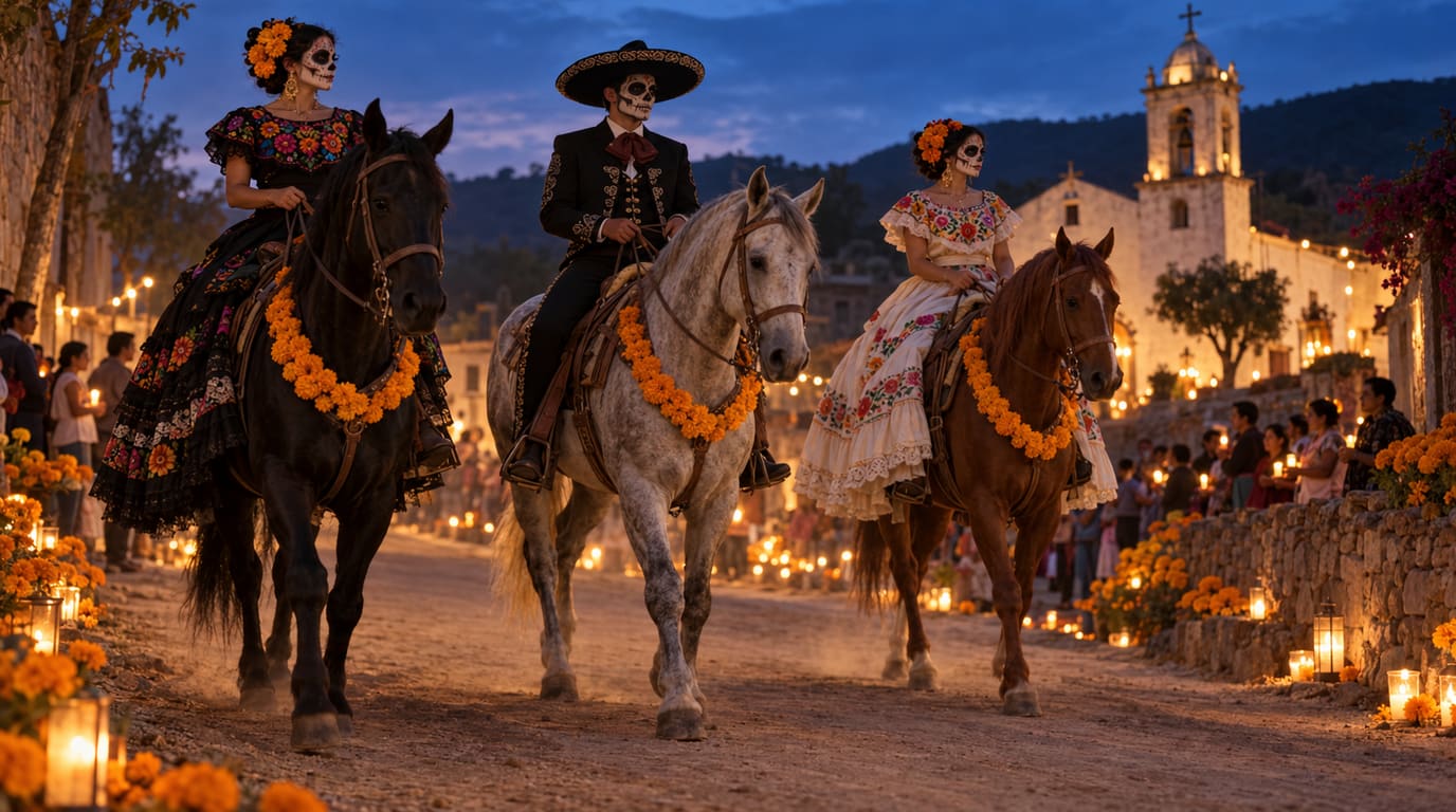 Three riders in catrina and catrín face paint walk black, gray and sorrel horses wearing marigold garlands down a candlelit village road at dusk.