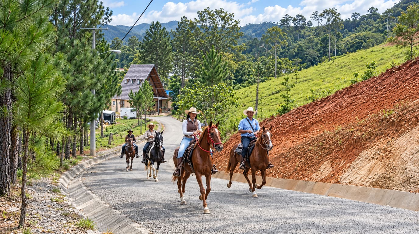 Four riders in cowboy hats ride horses down a winding gravel road past pine trees, a red clay bank and green hills in Rancho Arriba.