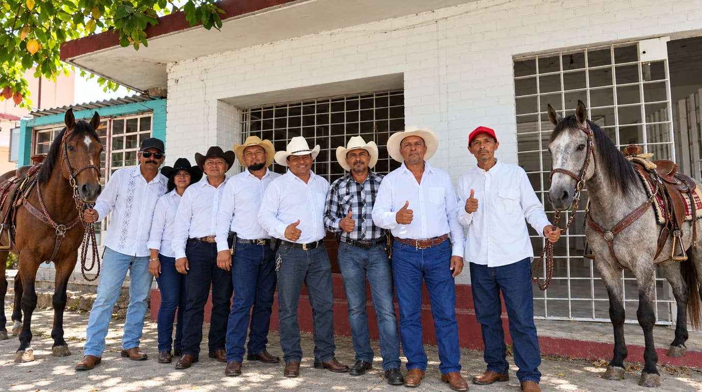 Organizadores de la cabalgata con camisas blancas y sombreros vaqueros posan con el pulgar arriba frente a un edificio blanco en Villahermosa, junto a un caballo bayo y uno tordillo ensillados.