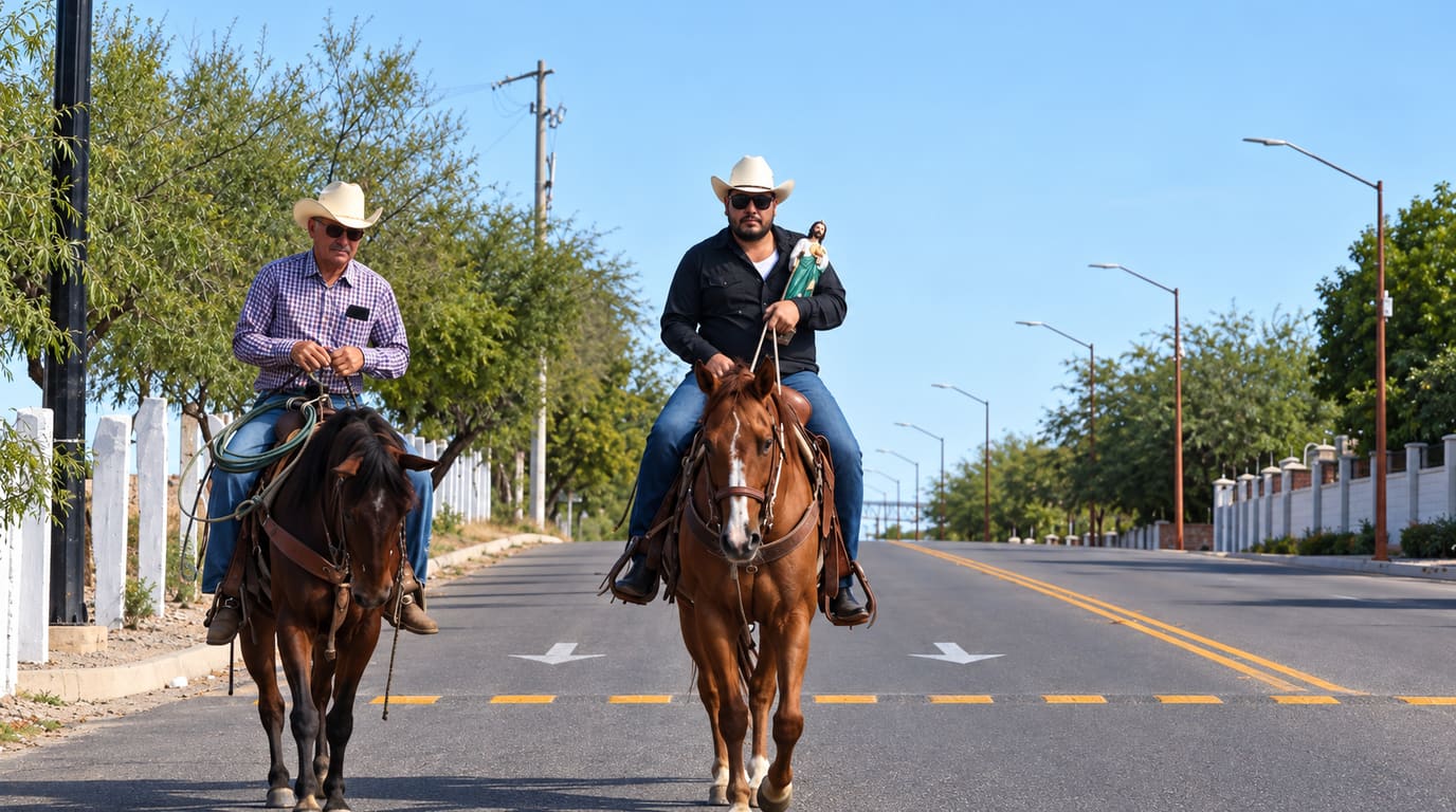 Dos jinetes con sombrero vaquero cabalgan un caballo bayo oscuro y uno alazán por una calle soleada; uno lleva una figura de San Judas Tadeo.