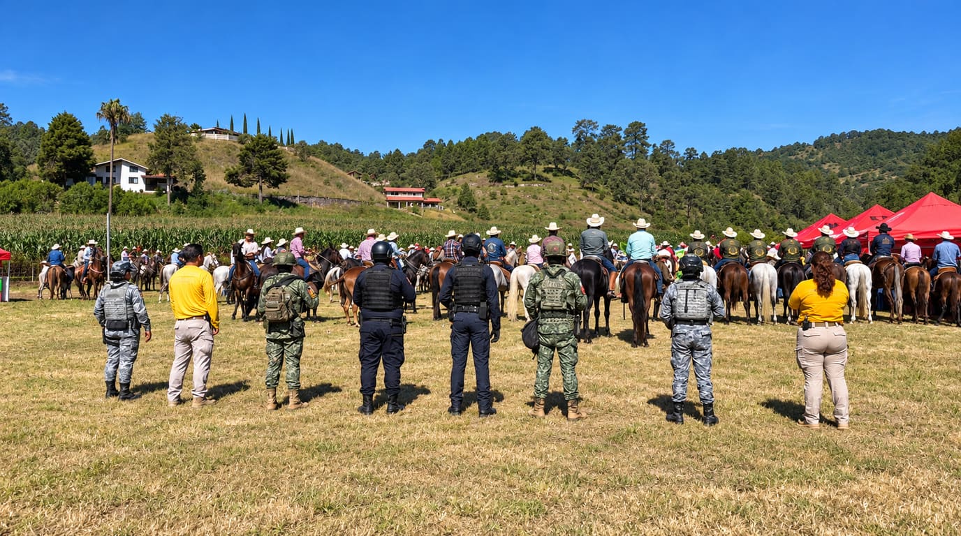 Agentes de seguridad y personal de pie en un campo seco frente a cientos de jinetes con sombrero a caballo, con cerros de pinos y carpas rojas al fondo.
