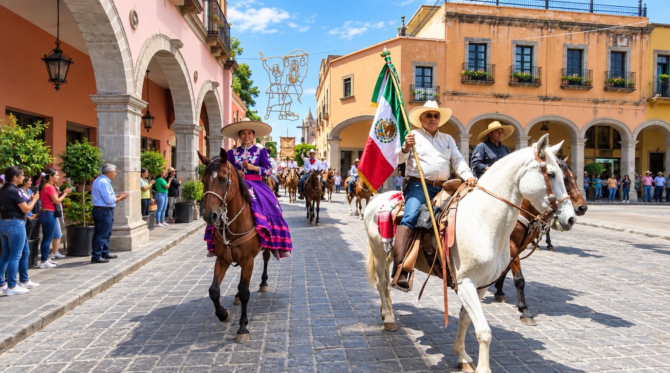 Riders in wide sombreros parade on horseback down a cobbled colonial street, one carrying a Mexican flag, as onlookers watch from the arcades.