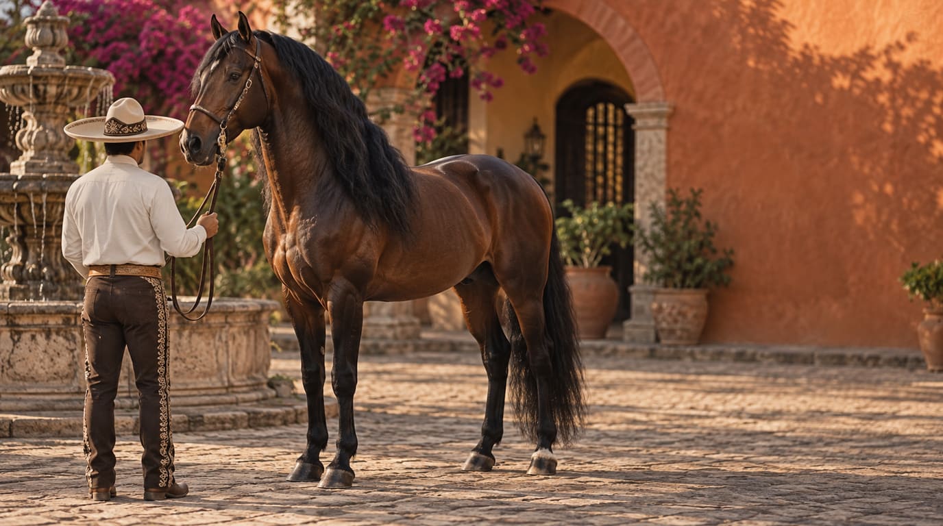 A muscular dark bay stallion with an arched neck and flowing mane stands in a hacienda courtyard with terracotta walls and bougainvillea.